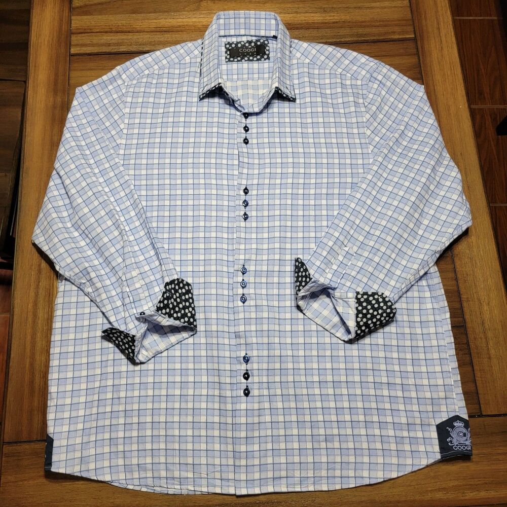 Coogi Luxe Full Button LS Shirt Blue Plaid w/ B&W Snowflakes - Size 2XL 18.5/19